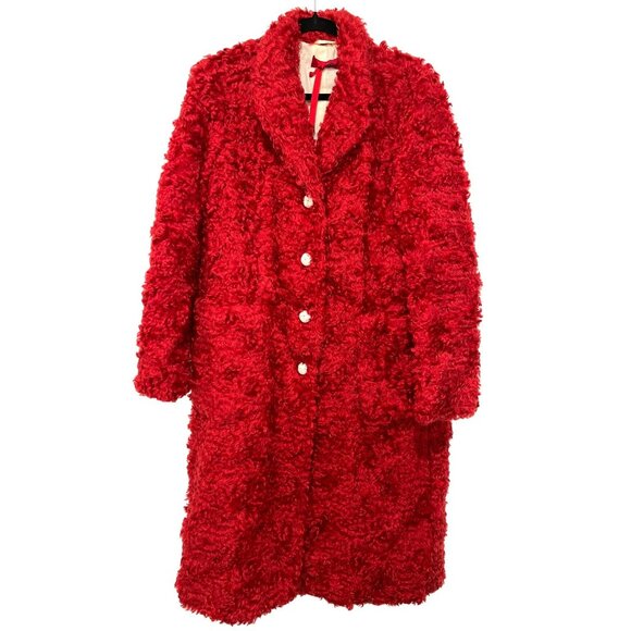 New $895 The Gigi Red Faux Fur Teddy Coat Leather Button Size 44 US 10 - Picture 1 of 8